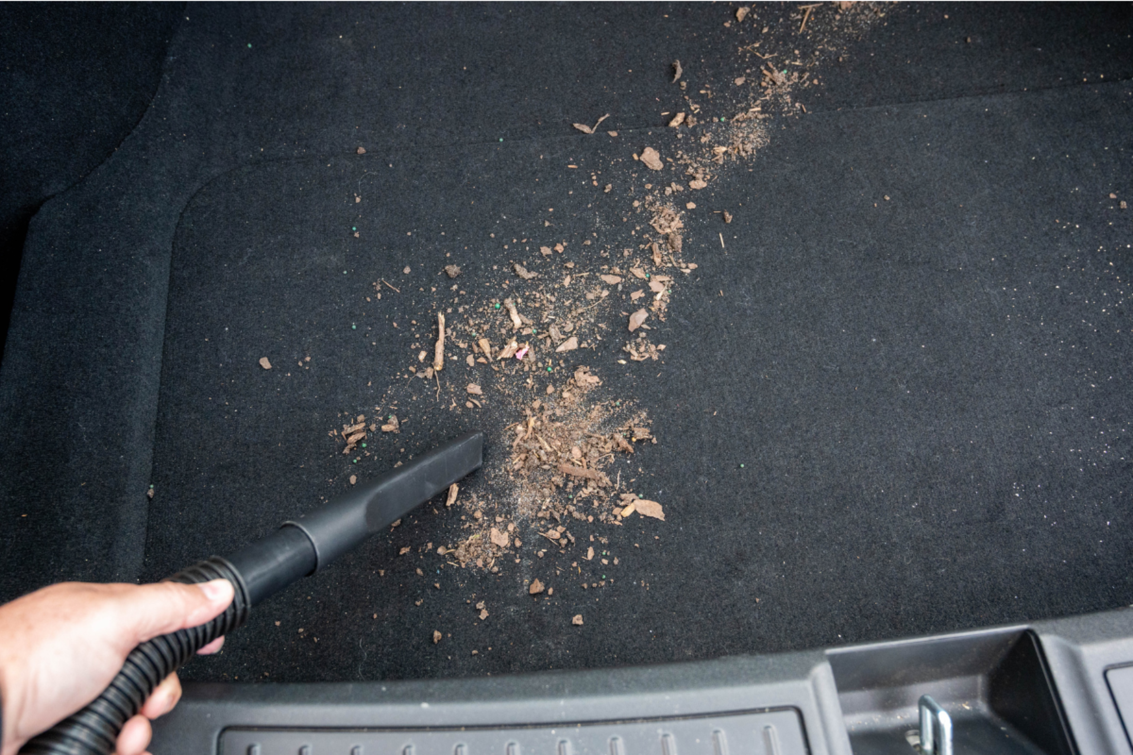 Limpieza profunda de la parte trasera del coche con una aspiradora, utilizando productos Sanytol para combatir los malos olores